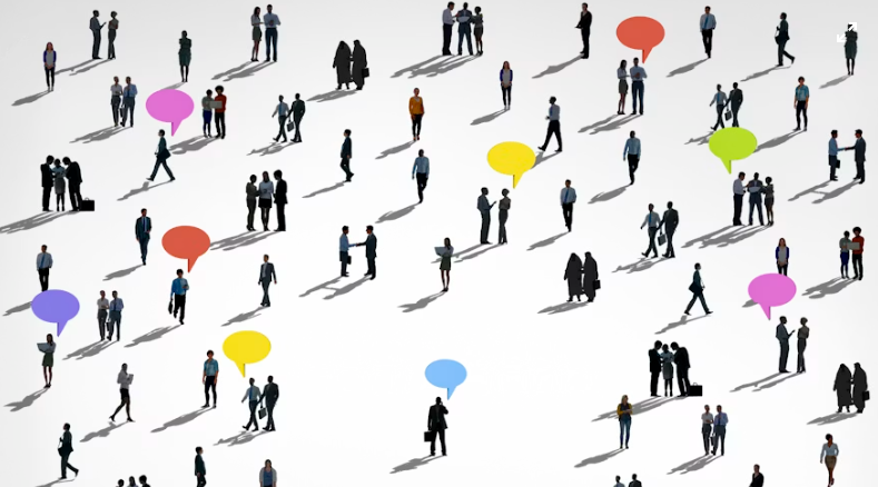 Silhouettes speaking in coloured speech bubbles